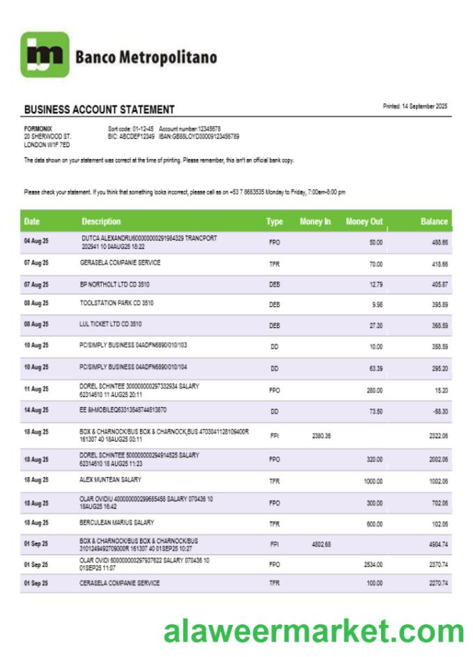 Banco Metropolitano organization checking account statement Word and PDF template